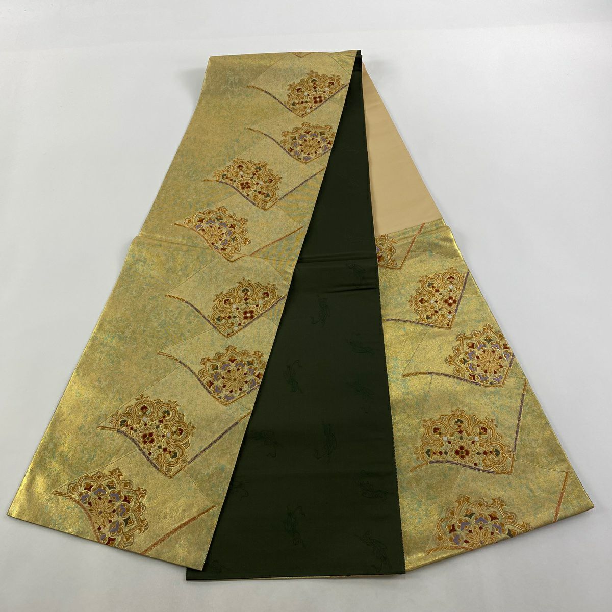 【美品】 袋帶 名品級 色紙 華紋 金絲 金金箔 金 六通 純蠶絲