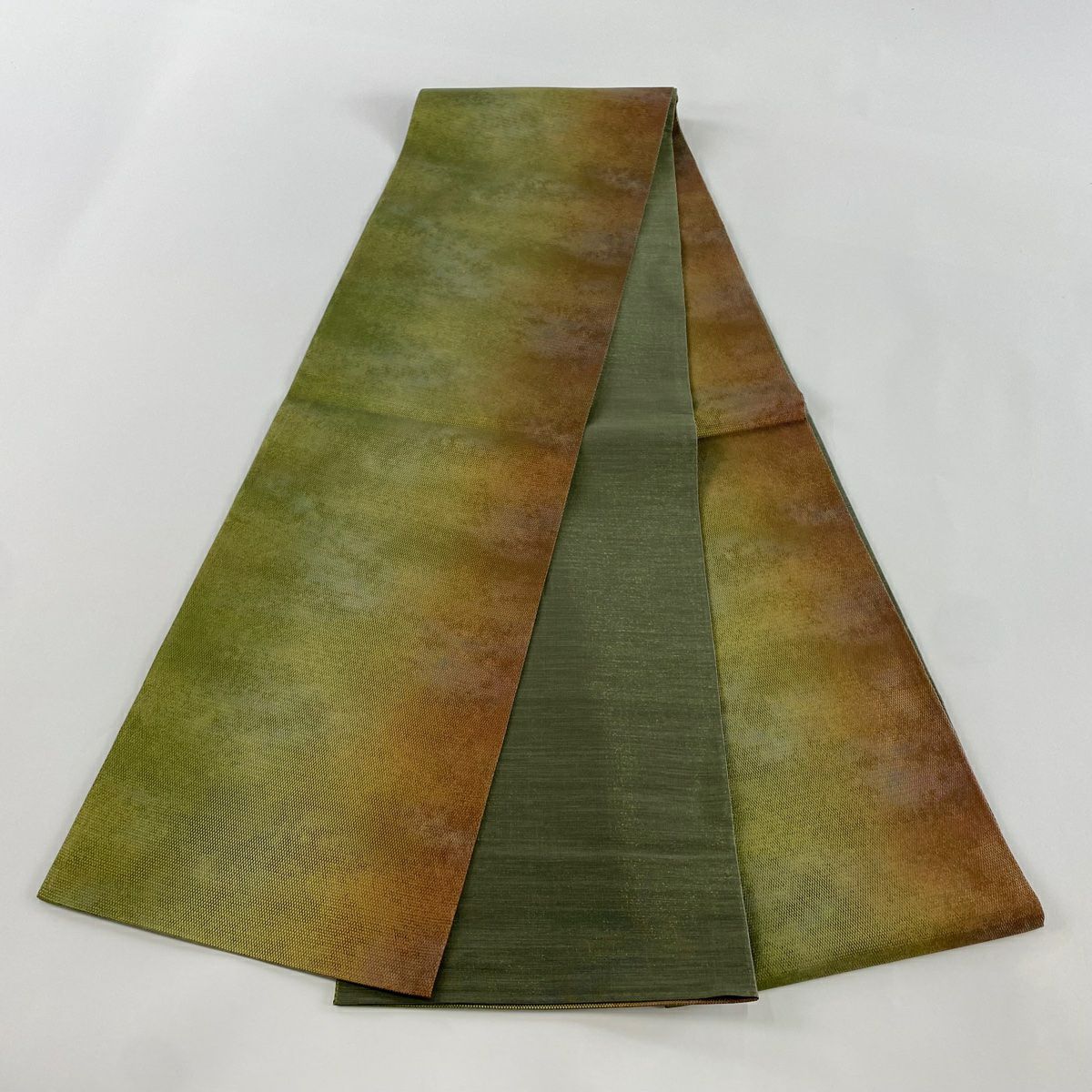 【美品】 袋帶 秀品級 漸變圖案 霞 金金箔 艾草綠 全通 純蠶絲