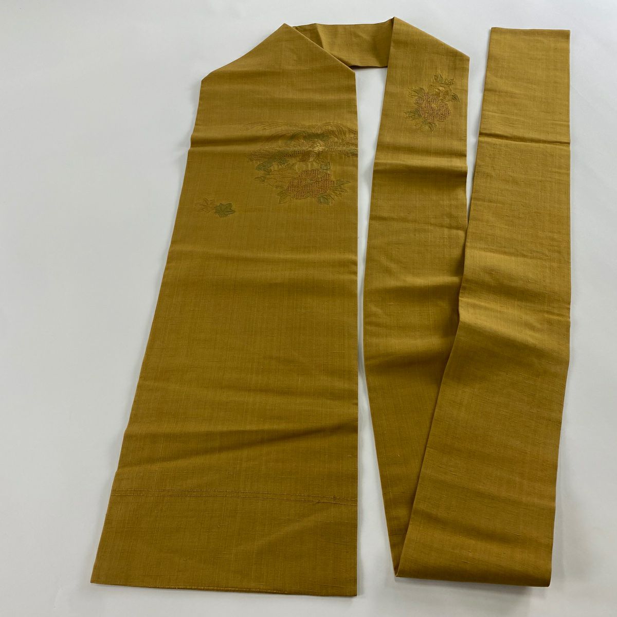 名古屋帶 秀品級 紬織織 草花紋紋 鳥刺繡 米色 純蠶絲
