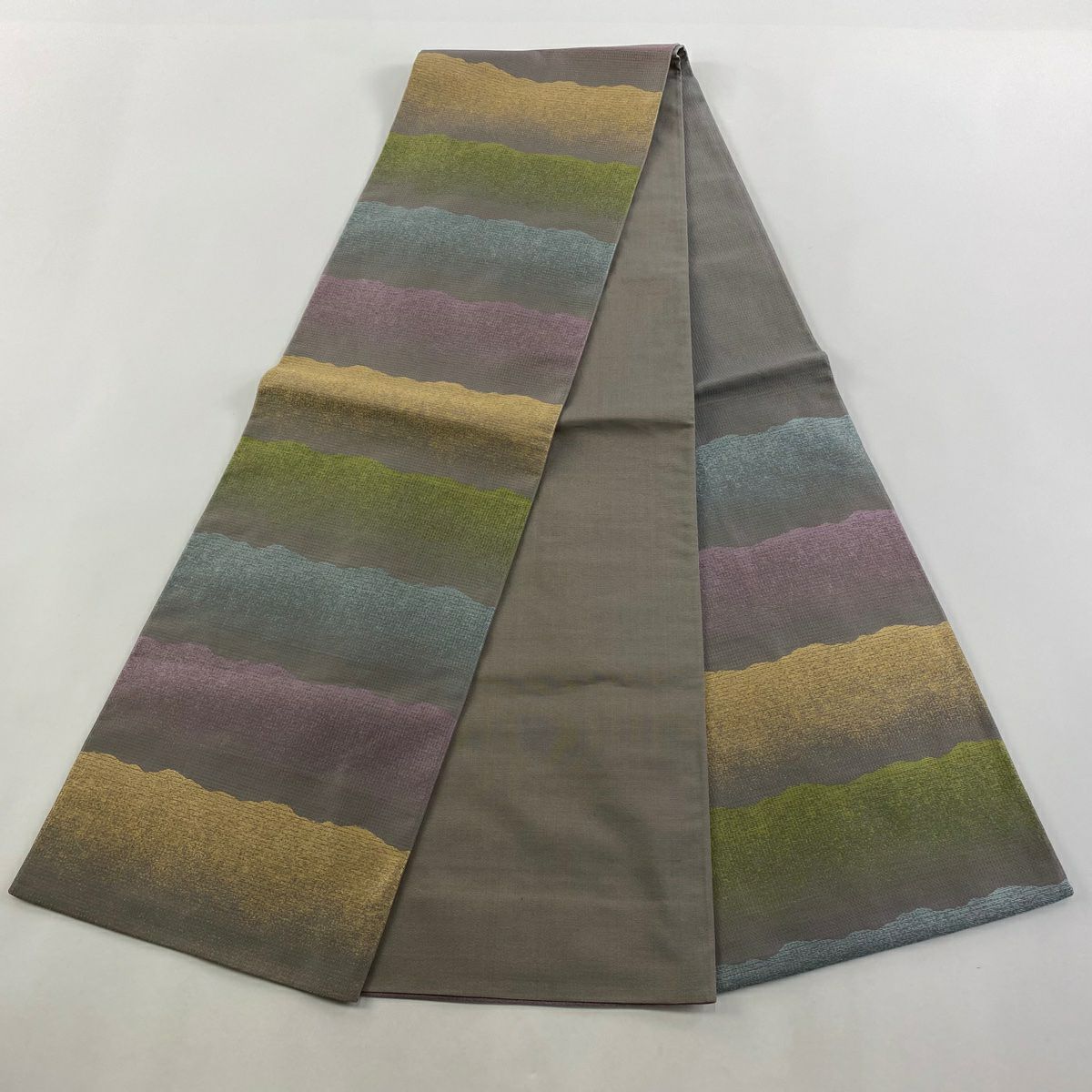 【美品】 袋帶 秀品級 霞 幾何學圖案 金絲 灰紫 六通 純蠶絲