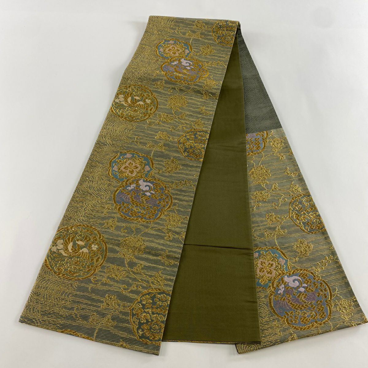 【美品】 袋帶 秀品級 花鳥 華紋 金銀彩 金金箔 青灰 深藍色 六通 純蠶絲