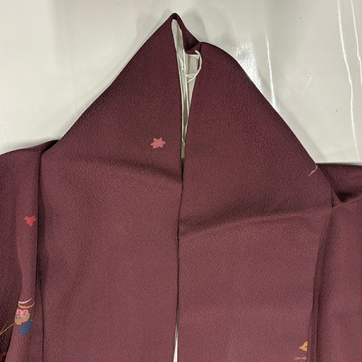 【美品】 小紋 身長160cm 袖長62cm S 雙層 葉與果實 濃紫 純蠶絲 優品級
