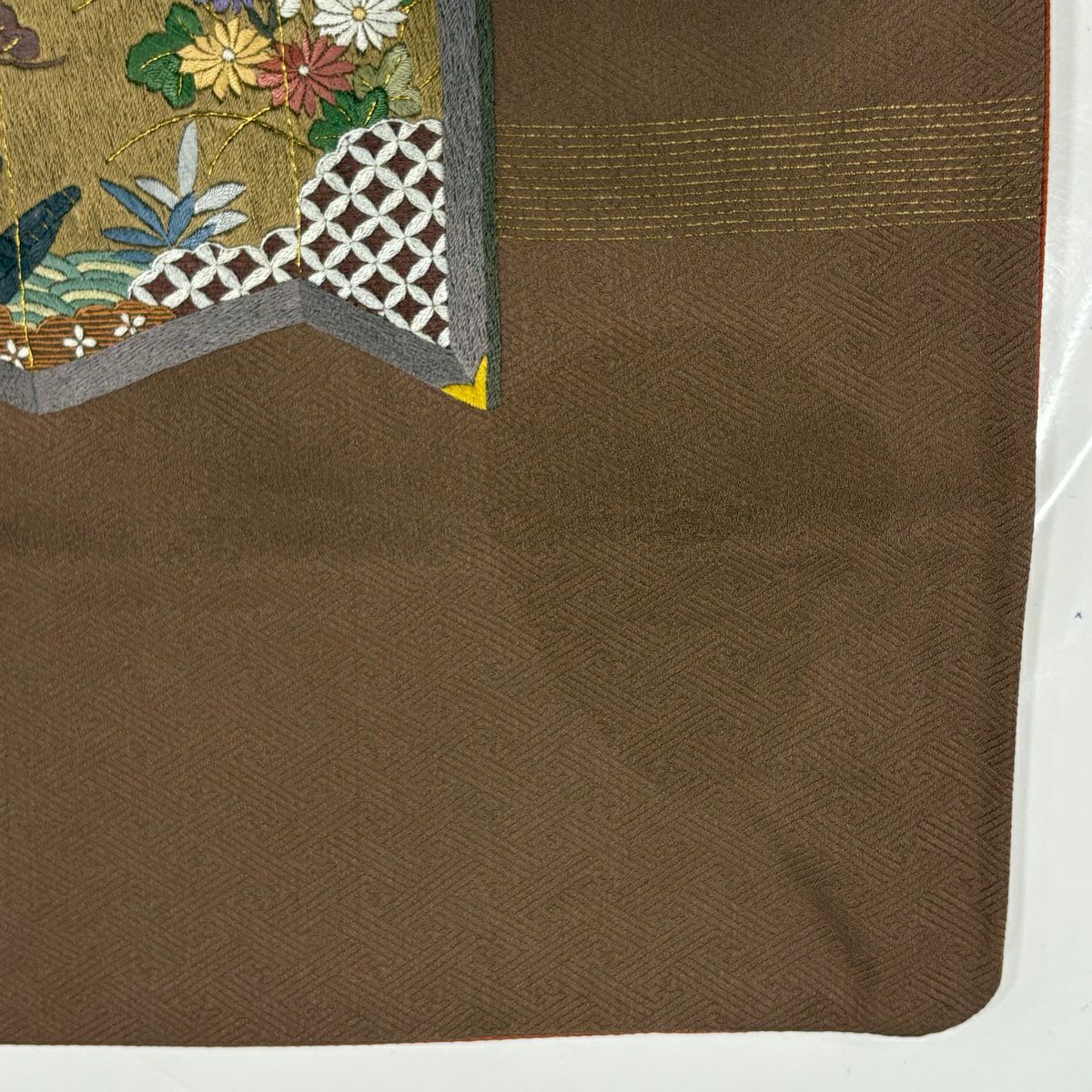 付下 身長164cm 袖長64cm M 雙層 蔓帶 屏風 刺繡 金絲 紅茶 純蠶絲 優品級 一つ紋