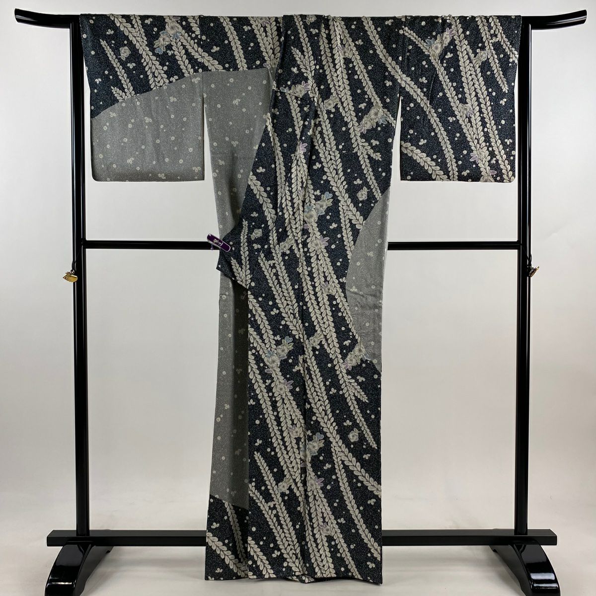 訪問服 身長163.5cm 袖長67cm M 雙層 草花紋紋 染分 絞染 黑灰 純蠶絲 逸品級