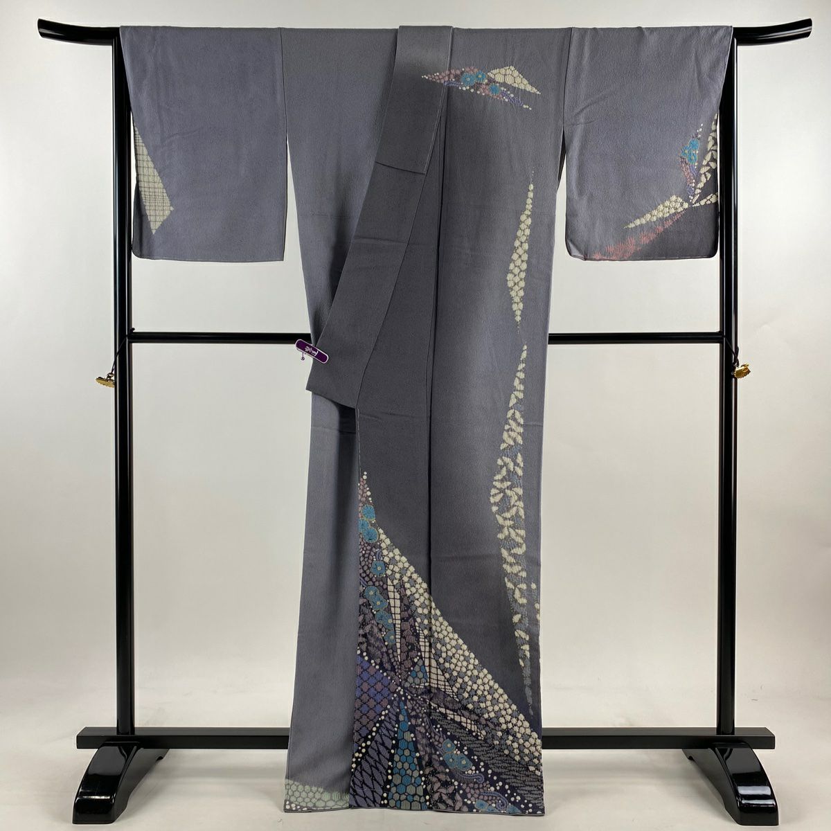 訪問服 身長167.5cm 袖長67cm M 雙層 滝泰 落款あり 樱花 源氏香 絞染 刺繡 灰紫 純蠶絲 逸品級