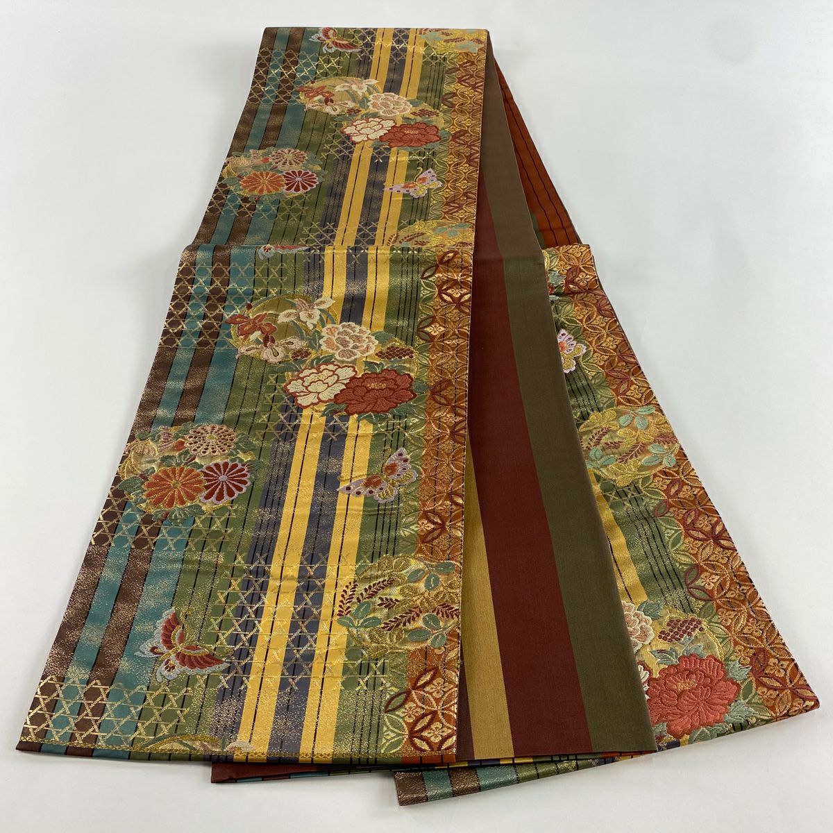 【美品】 袋帶 秀品級 關西仕立 花丸紋 蝴蝶 刺繡 金金箔 灰綠 六通 純蠶絲