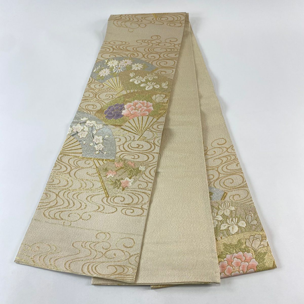 袋帶 秀品級 關西仕立 扇子 草花紋紋 鉑金金箔 金絲 米色 六通 純蠶絲