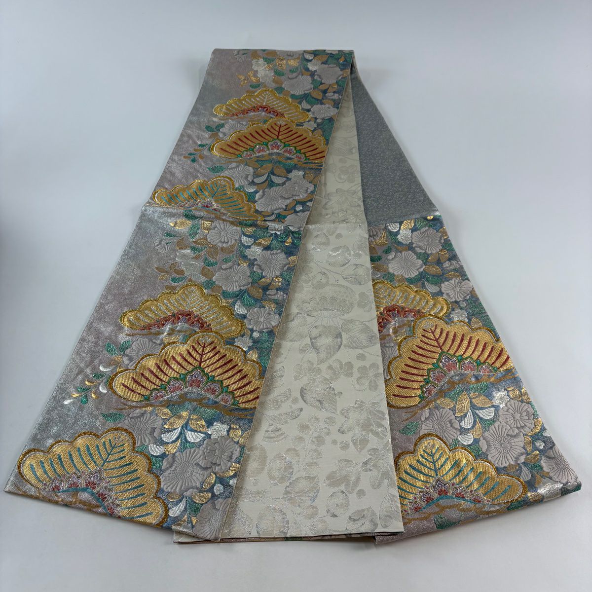 【美品】 袋帶 秀品級 笠松樹 辻花染紋 金絲 金金箔 淺豆色 六通 純蠶絲