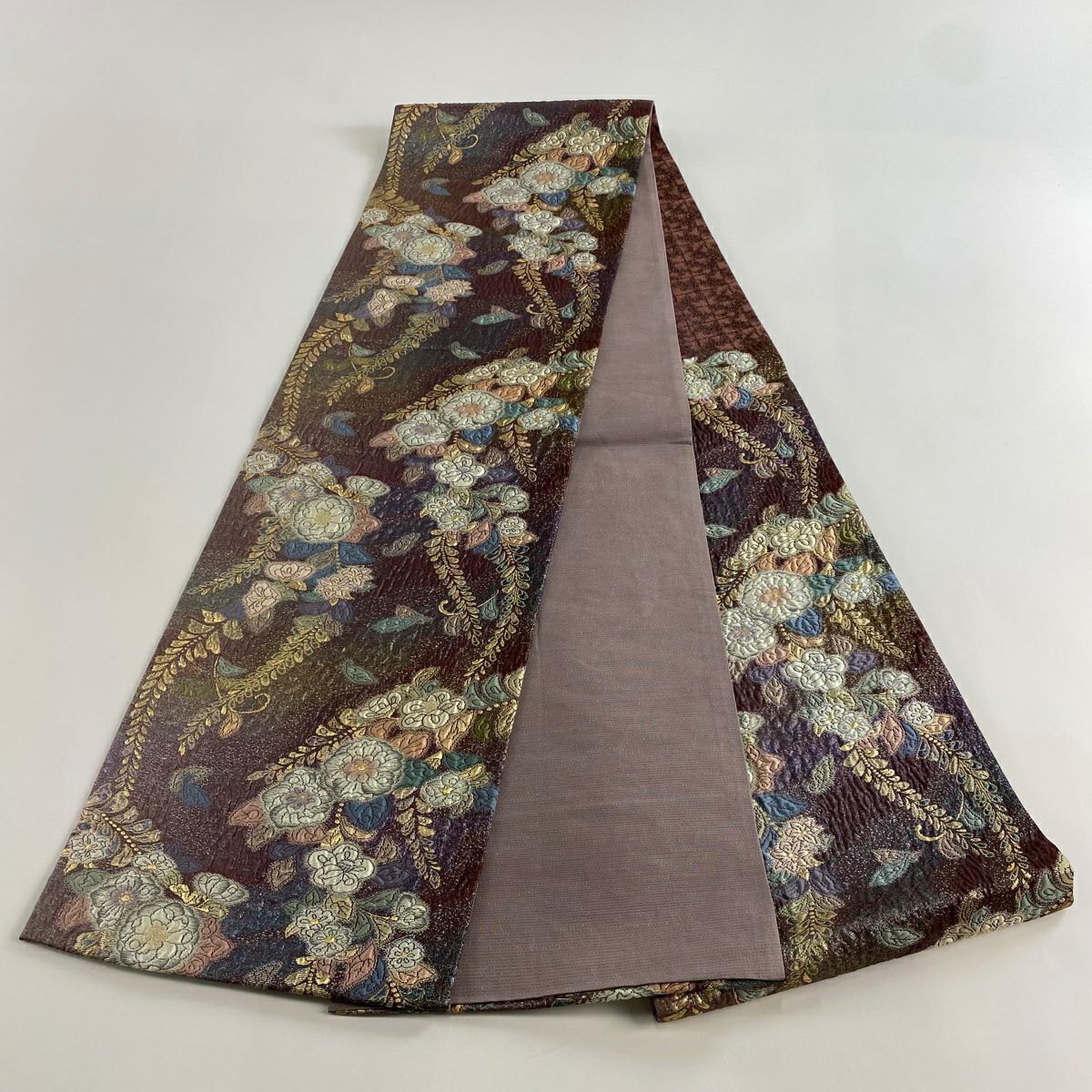 【美品】 袋帶 名品級 大和 辻花染 金金箔 紫 六通 純蠶絲