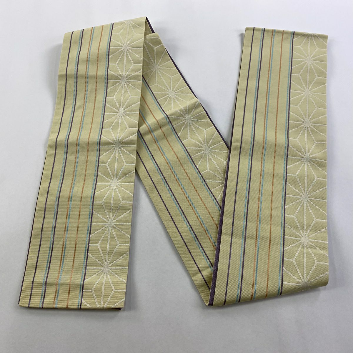 【美品】半幅帶 優品級 麻葉紋 條紋 奶油色 化纖