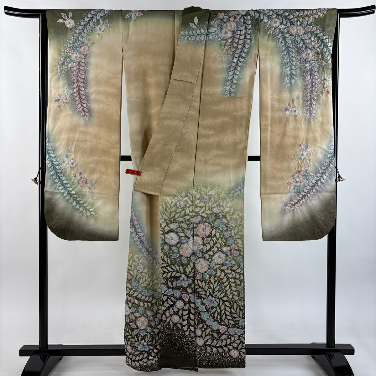 振袖禮服 身長159cm 袖長65cm M 雙層 翠山工房 落款あり 辻花染 染分 銀通 薄茶 純蠶絲 逸品級