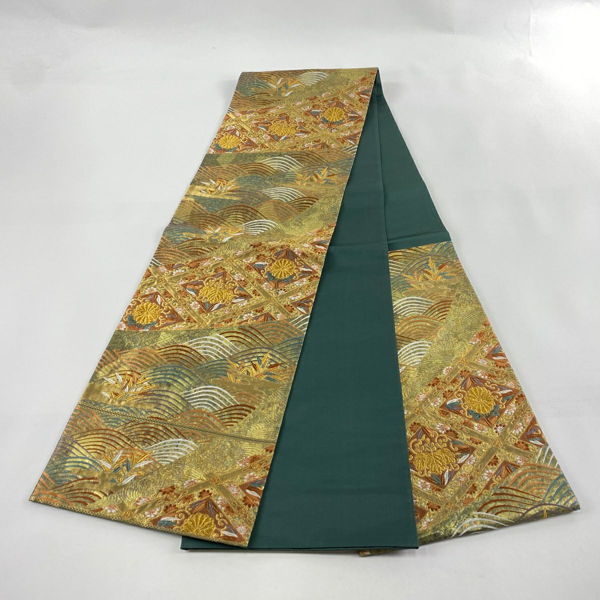 【美品】 袋帶 秀品級 關西仕立 紅木 菊花花 金絲 金金箔 金茶 六通 純蠶絲