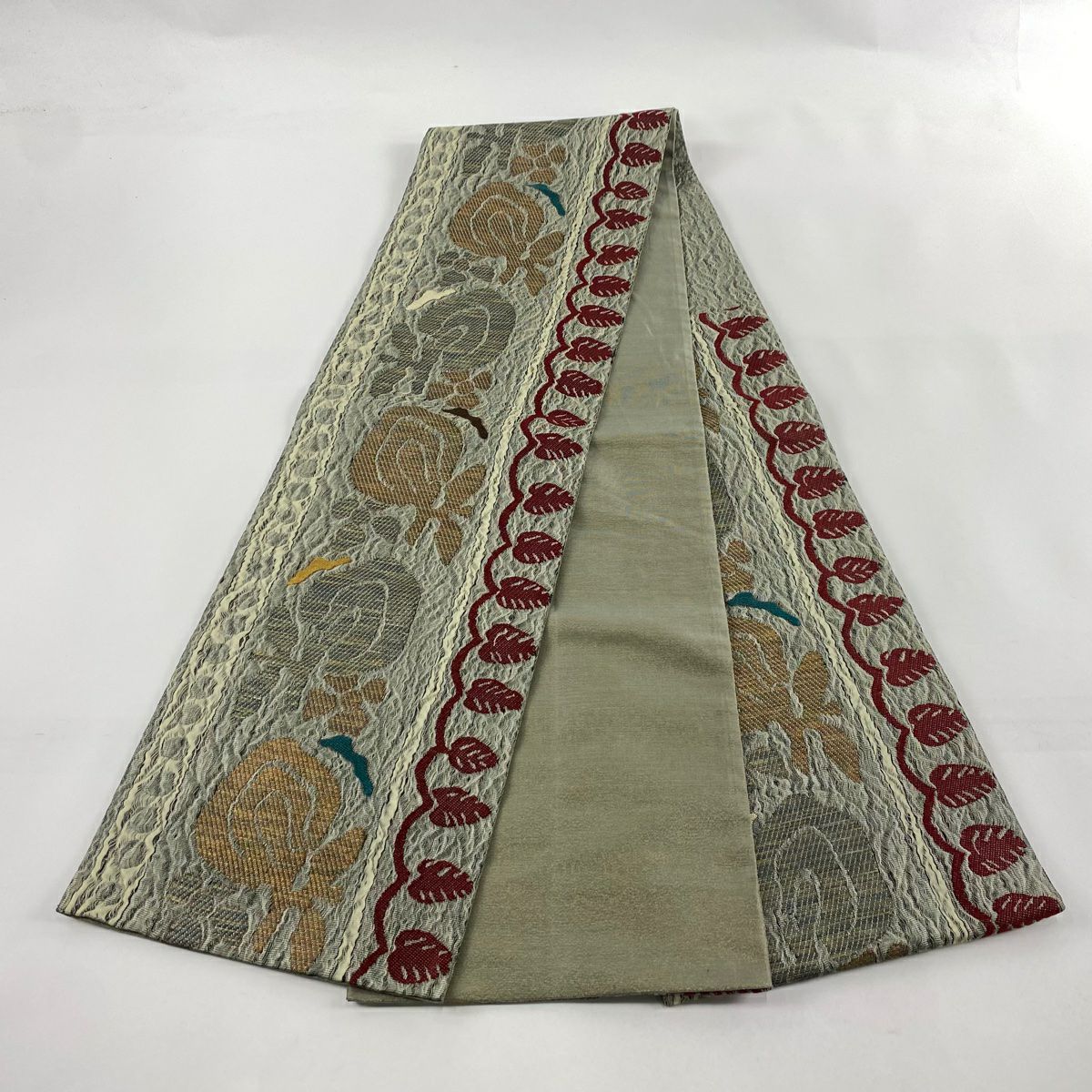 【美品】 袋帶 秀品級 草花紋紋 葉子 銀線 灰綠 六通 純蠶絲