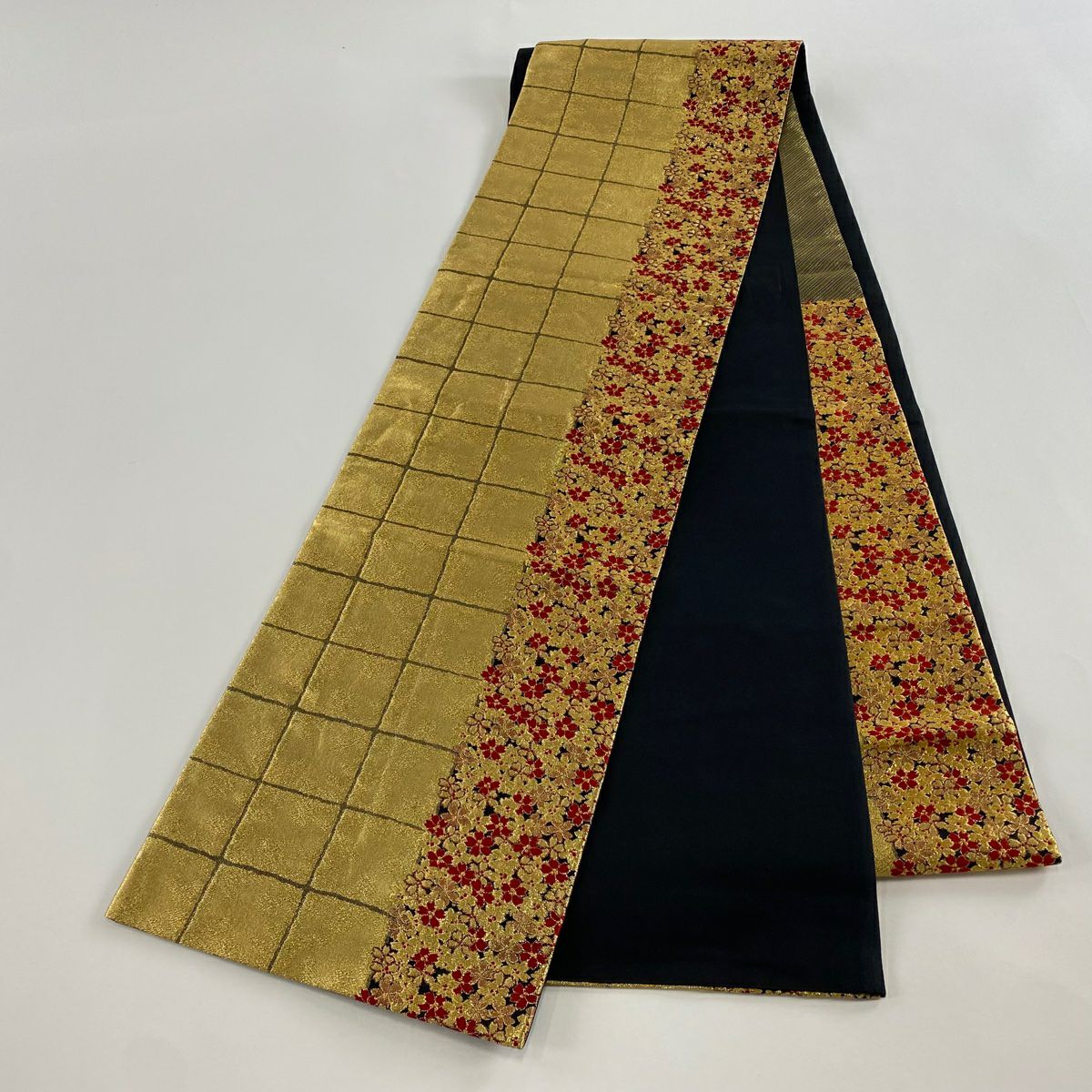 【美品】 袋帶 秀品級 櫻花 格子 金金箔 金絲 金色 六通 純蠶絲