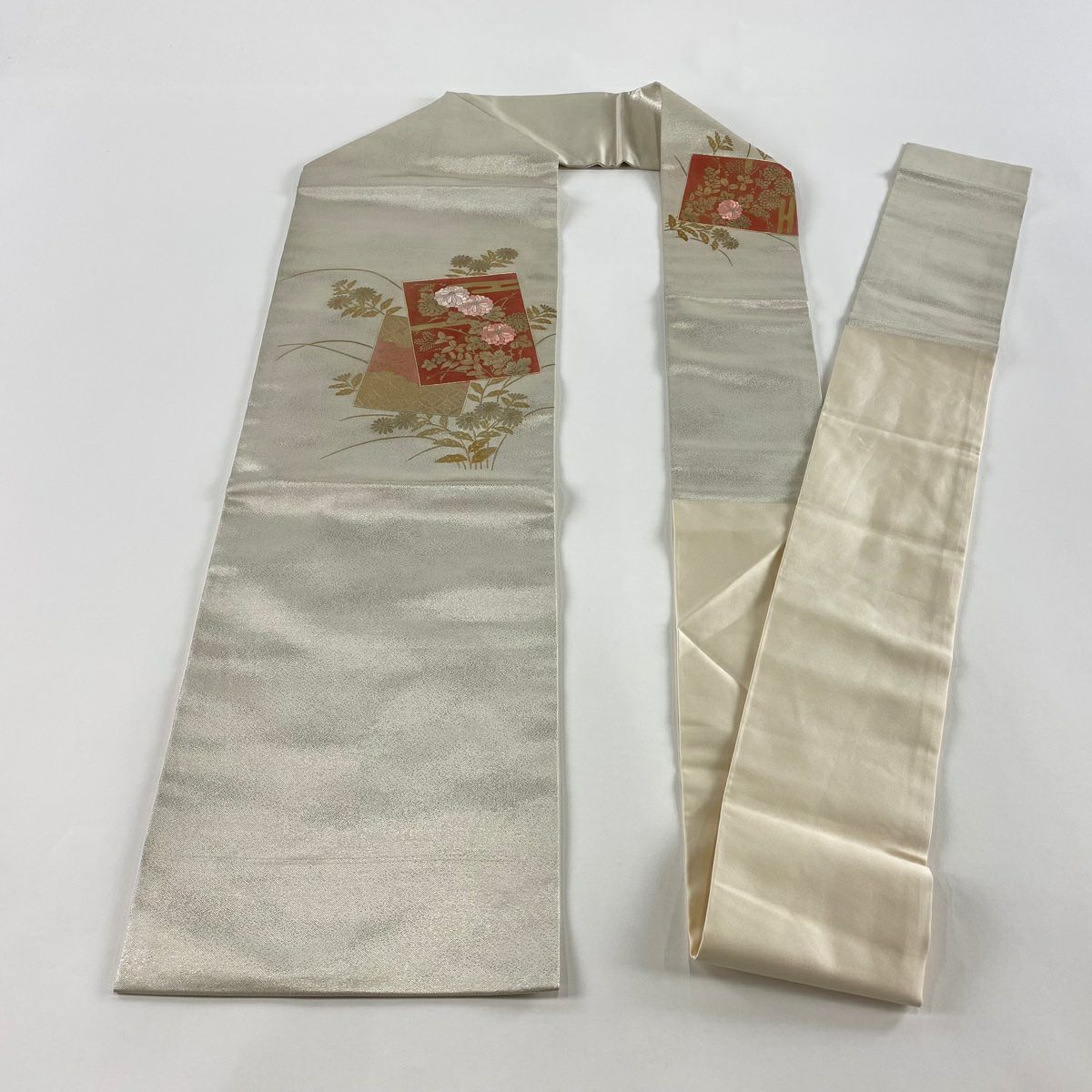 名古屋帶 優品級 秋草 色紙 金銀彩 銀絲 銀色 純蠶絲
