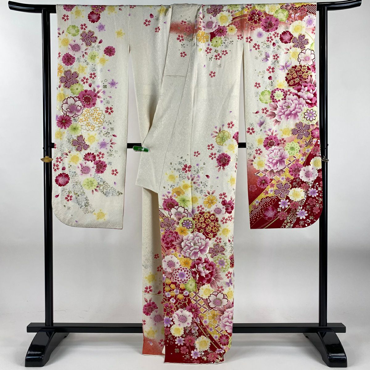 振袖禮服 身長166.5cm 袖長66cm M 雙層 牡丹 櫻花 金銀彩 金金箔 灰白 純蠶絲 逸品級