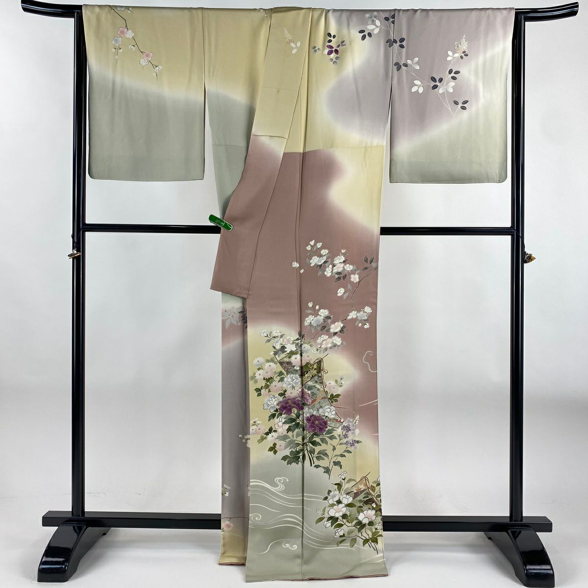 訪問服 身長168cm 袖長69.5cm L 雙層 帝王紫 落款 牡丹 草花紋刺繡 金線 米色 純蠶絲 逸品級