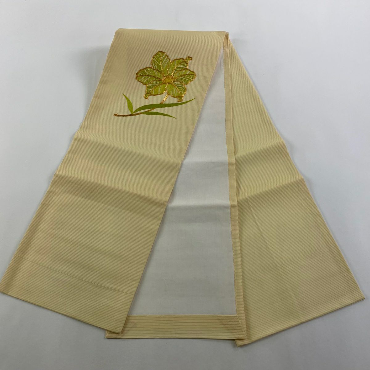 開口名古屋帶 優品級 夏帶 絽 草花紋刺繡 金線 淺黃 純蠶絲