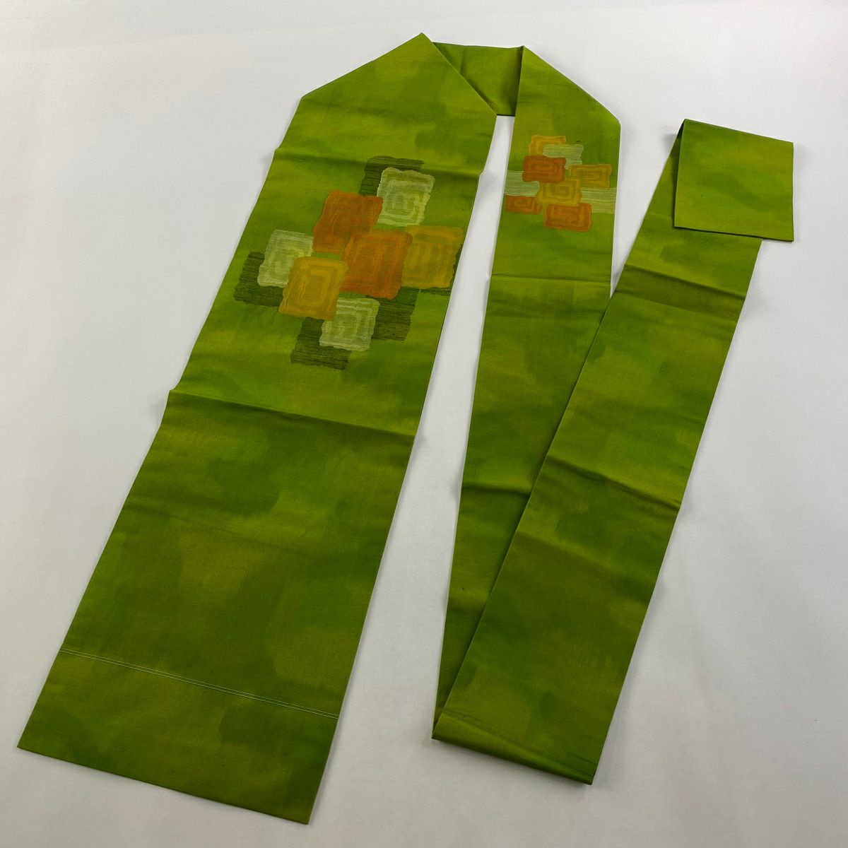 【美品】名古屋帶 優品級 紬織織 幾何學 葉綠色 純蠶絲