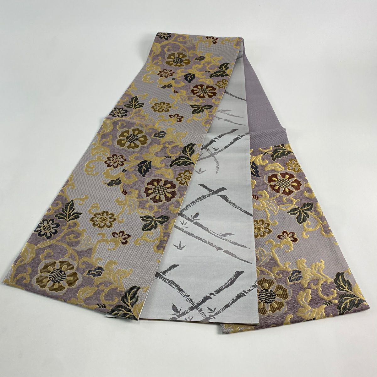 【美品】 袋帶 名品級 花唐草紋 金糸 灰紫 六通 純蠶絲