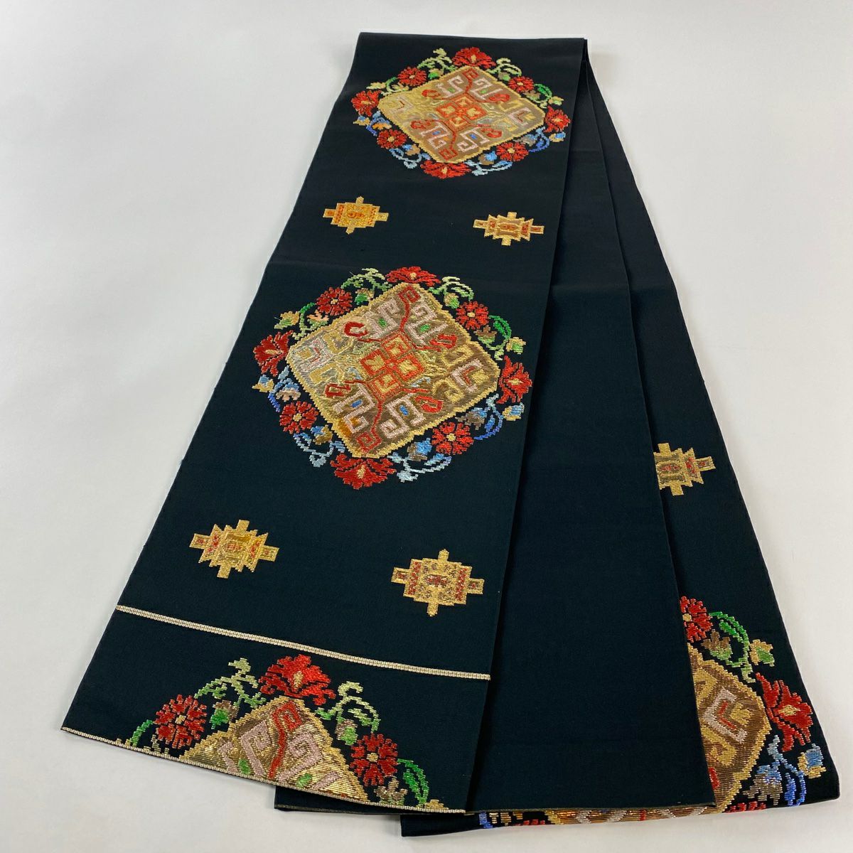 袋帶 秀品級 華紋 草花紋紋 金絲 金金箔 黑 六通 純蠶絲