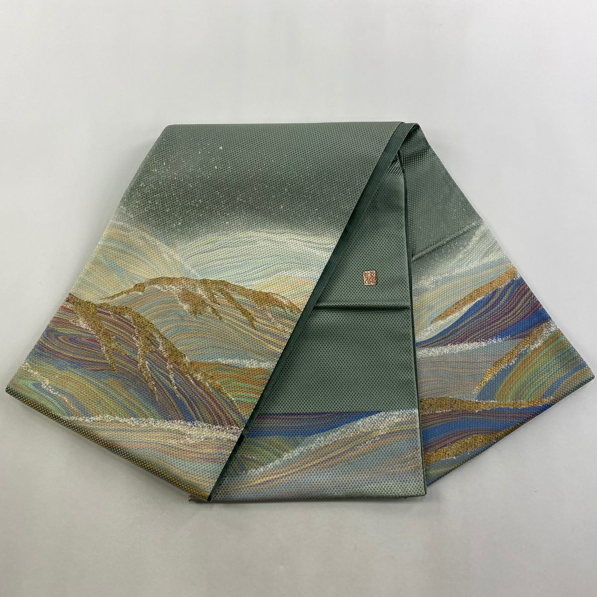 袋帶 秀品級 附落款 流水 幾何圖案 金通 金銀彩 灰綠 大鼓圖案 純蠶絲