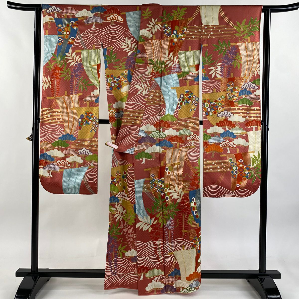 振袖禮服 身長161.5cm 袖長65cm M 雙層 吾妻德穗 落款あり 帆 藤 金絲 金銀彩 粉紅 純蠶絲 逸品級
