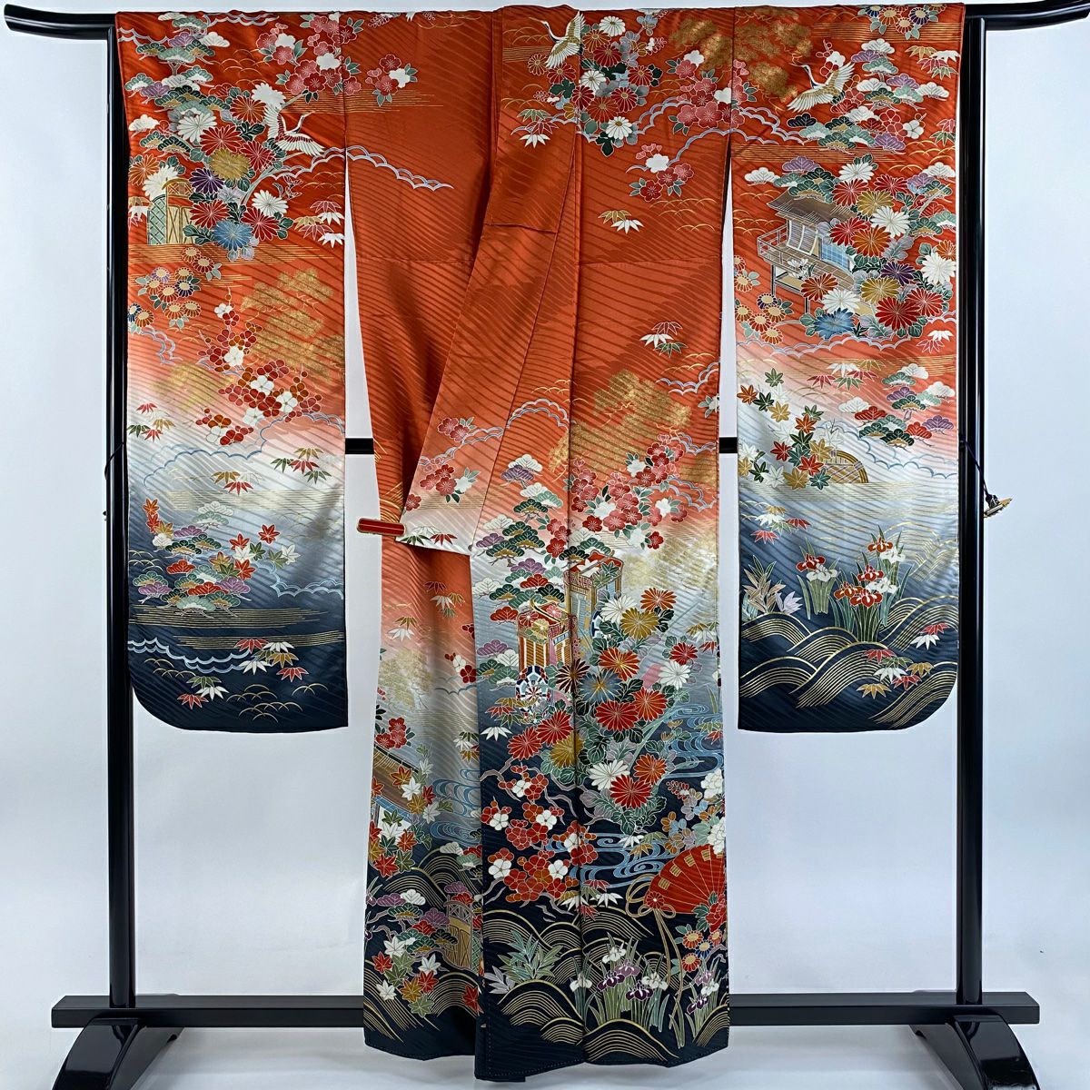 振袖禮服 身長158.5cm 袖長66cm M 雙層 御所車 松樹竹子梅花 金絲 金銀彩 朱 純蠶絲 逸品級