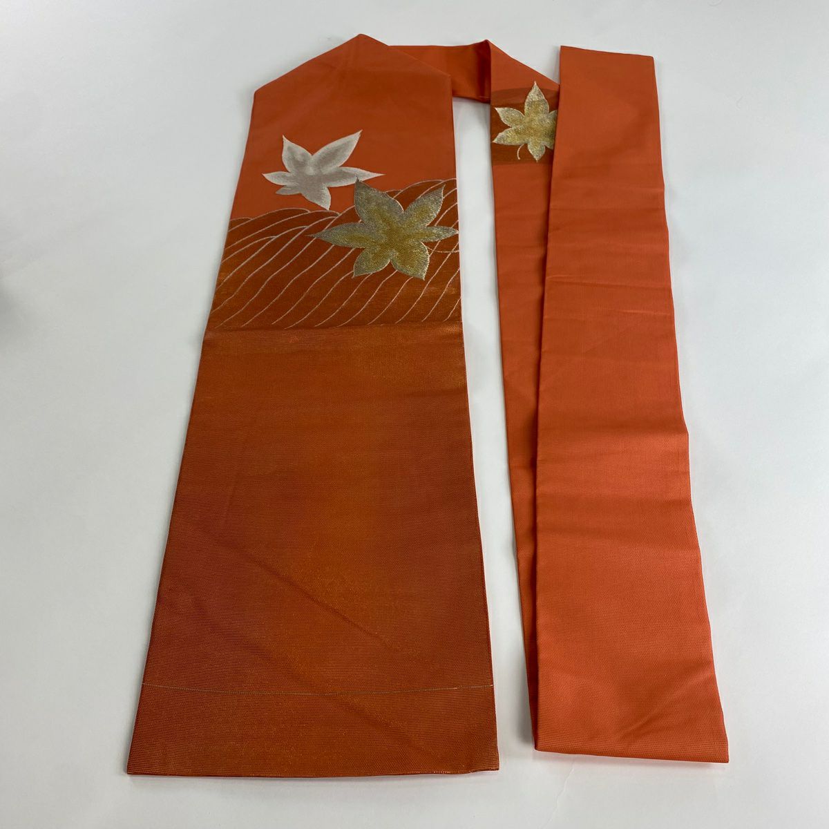 名古屋帶 優品級 夏帶 紗 葉紋 波 金銀彩 金金箔 橙色 純蠶絲