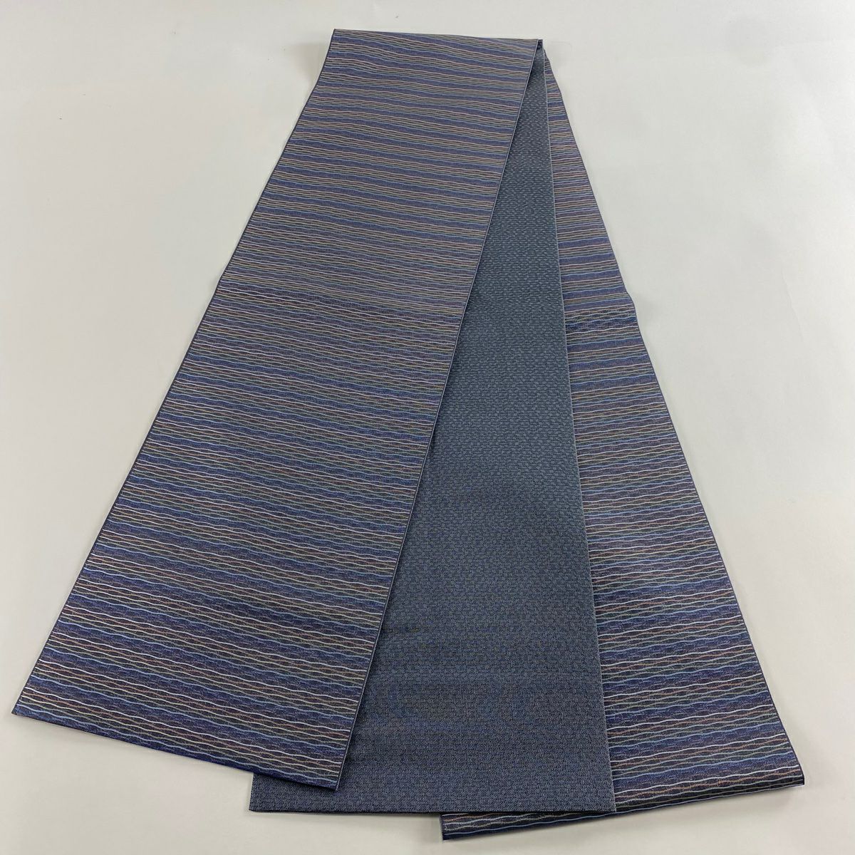 【美品】 袋帶 名品級 斜條紋 灰紫 全通 純蠶絲