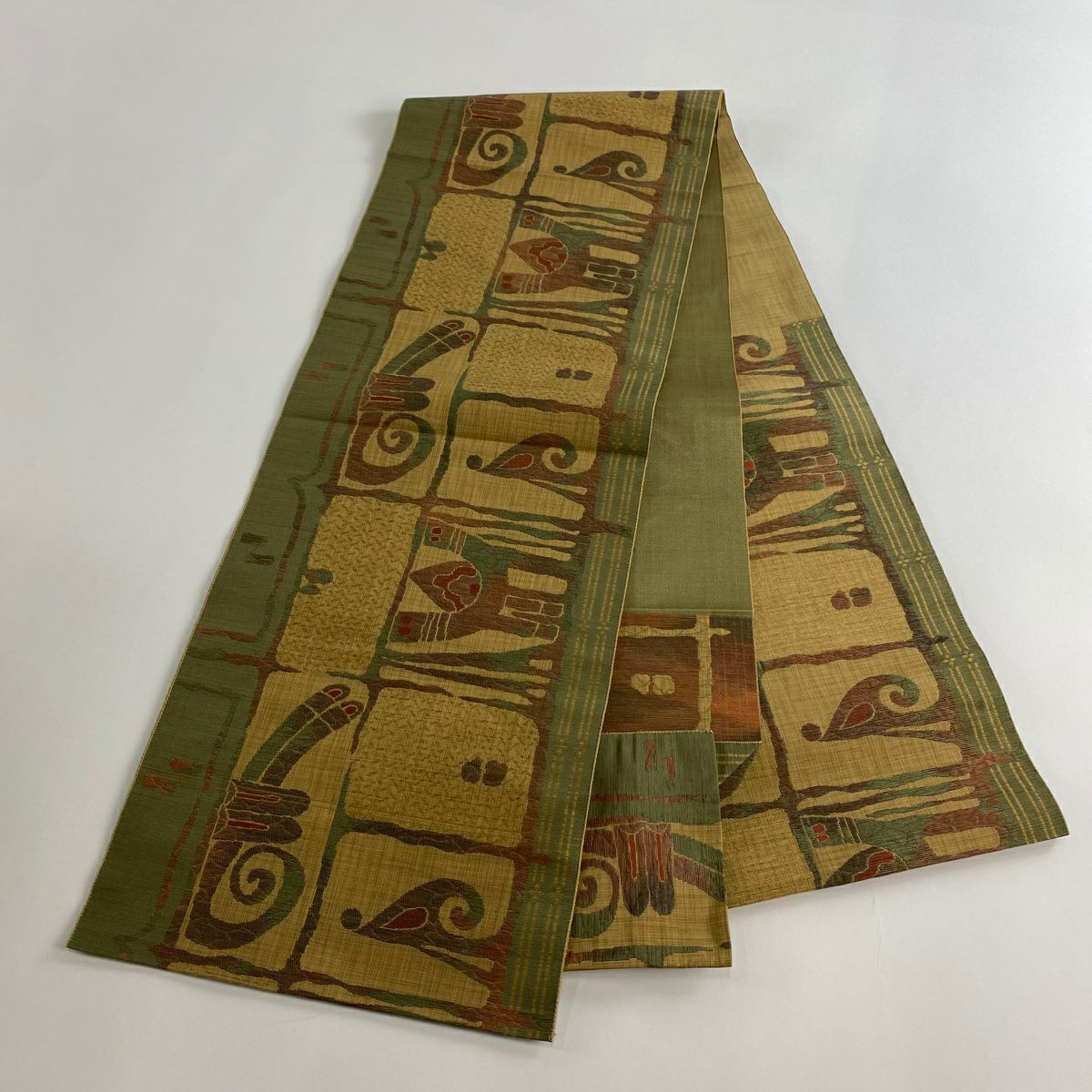 【美品】名古屋帶 優品級 松樹葉仕立 八寸名古屋帶 紬織織 幾何學圖案 山吹茶 純蠶絲