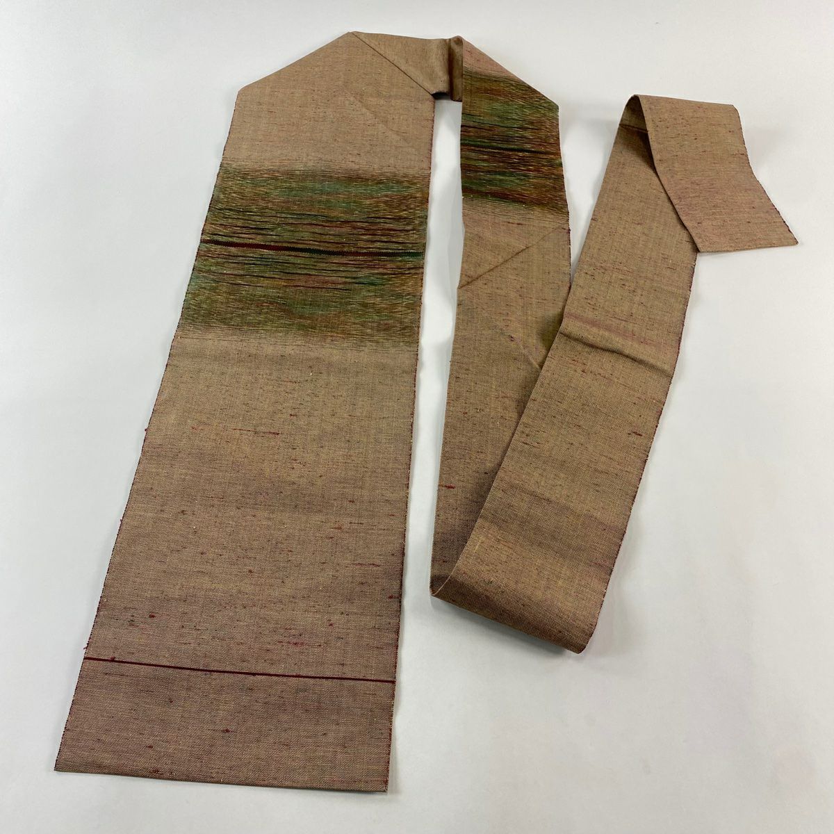 【美品】 名古屋帶 優品級 八寸名古屋帶 紬織織 霞 幾何學圖案 紅紫 純蠶絲