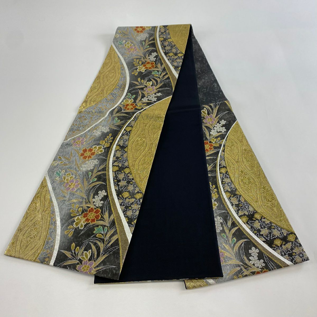【美品】 袋帶 秀品級 櫻花菱 金絲 金金箔 黑灰 六通 純蠶絲