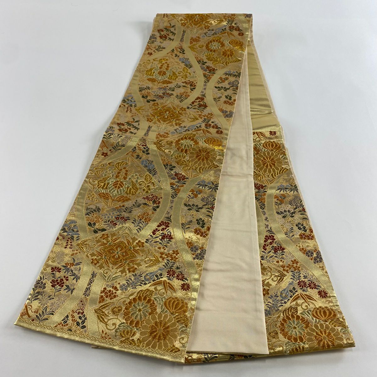 【美品】 袋帶 秀品級 立涌 草花紋 金絲 金金箔 金色 六通 純蠶絲