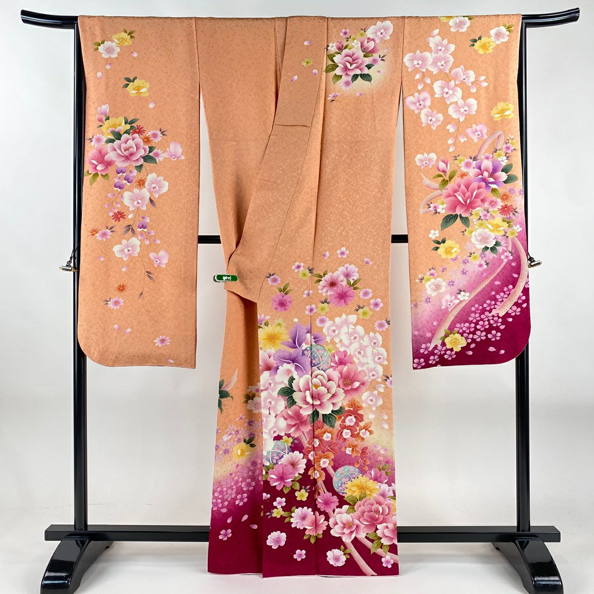 【美品】振袖禮服 身長163cm 袖長66cm M 雙層 手鞠 草花紋 金通 金銀彩 鮭粉色 純蠶絲 逸品級