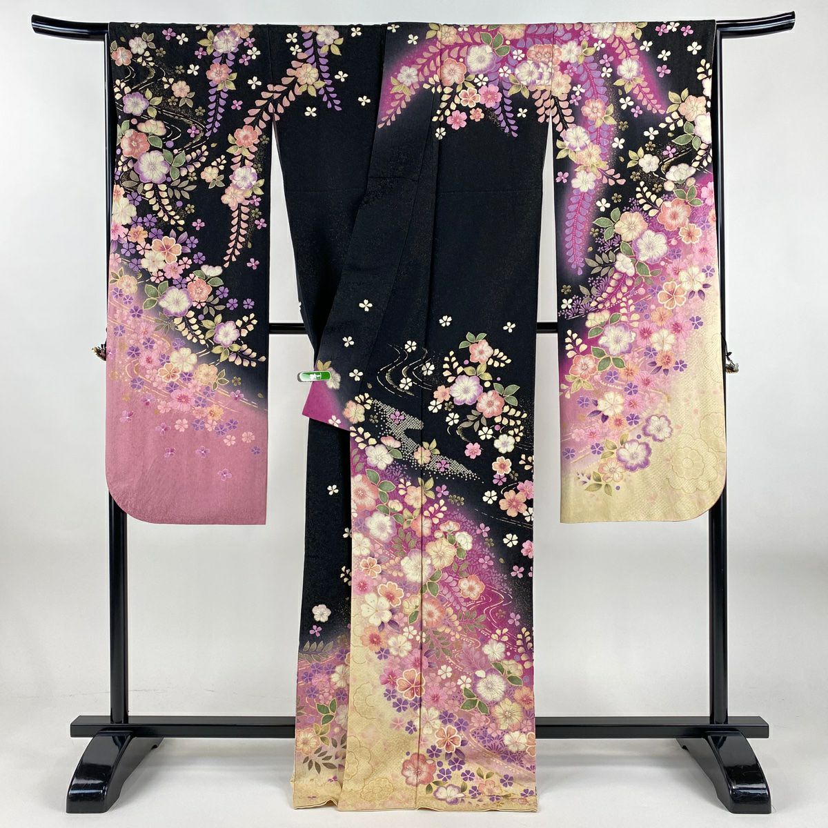 【美品】振袖禮服 身長170cm 袖長67cm M 雙層 辻花染圖案 流水 金通 金銀彩 黑 純蠶絲 逸品級
