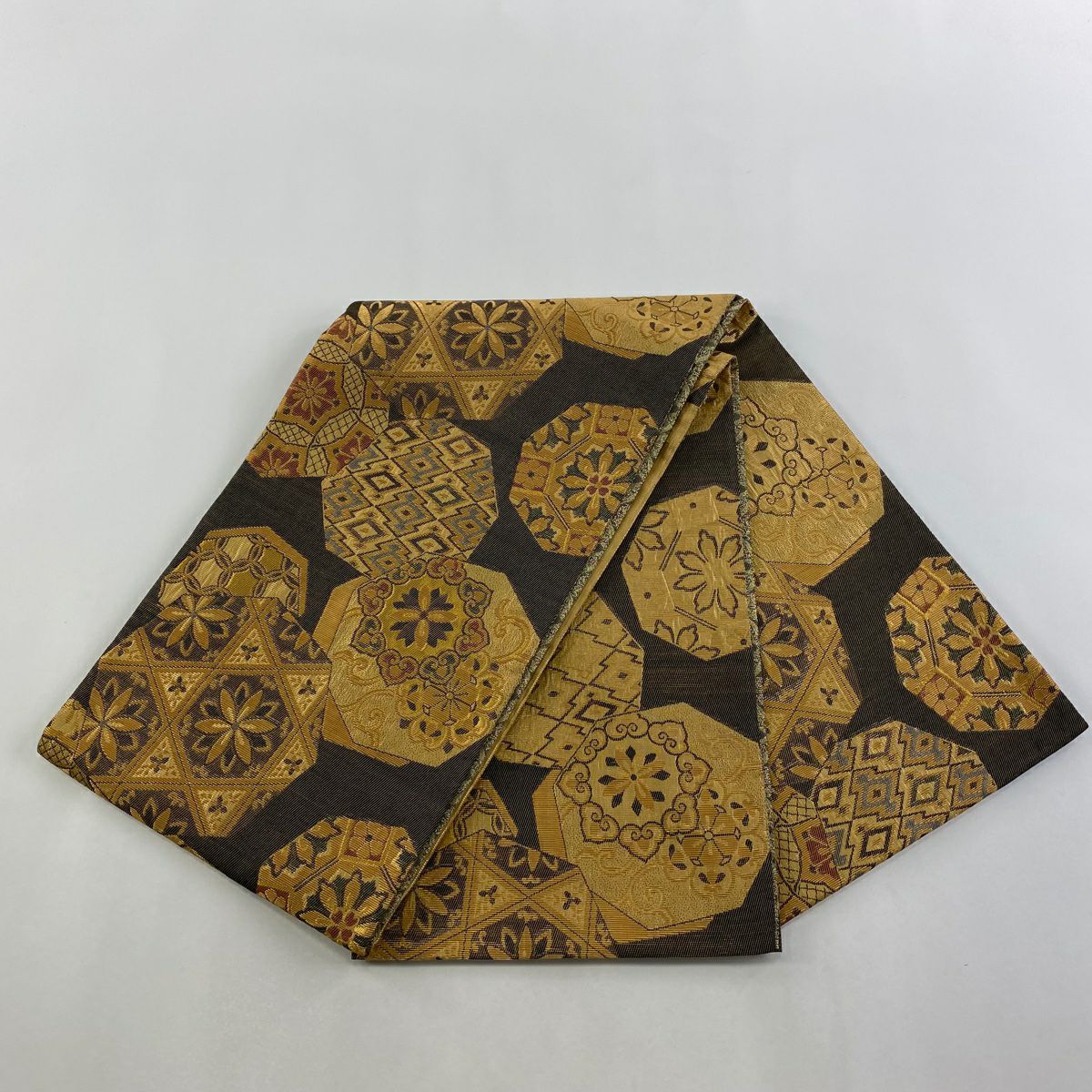 【美品】 袋帶 名品級 華紋 七寶 金金箔 墨 深藍色 お太鼓圖案 純蠶絲