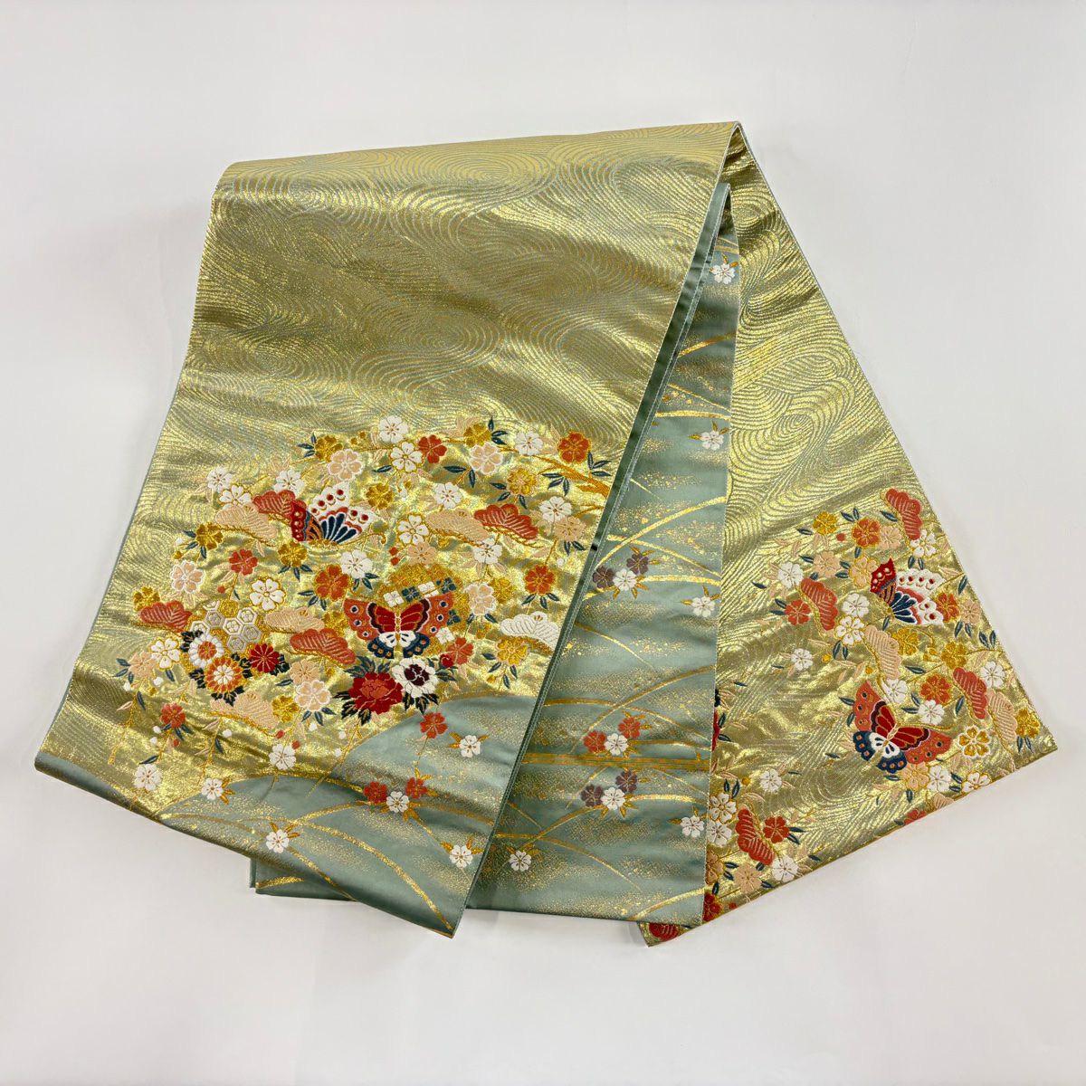 【美品】 袋帶 秀品級 樱花 蝴蝶 金金箔 金絲 淺綠 お太鼓圖案 純蠶絲