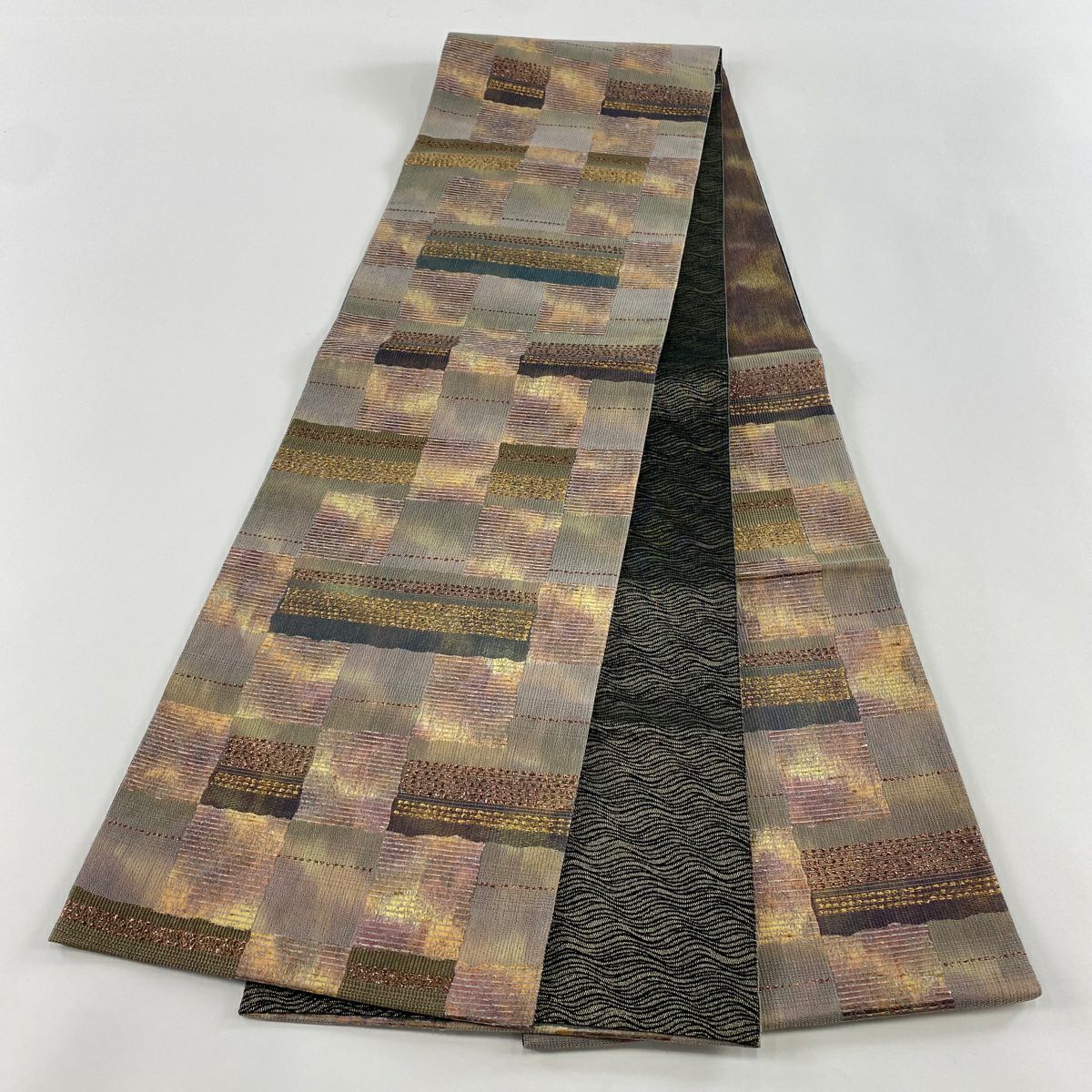 【美品】 袋帶 秀品級 市松樹 縞 金金箔 灰綠 六通 純蠶絲