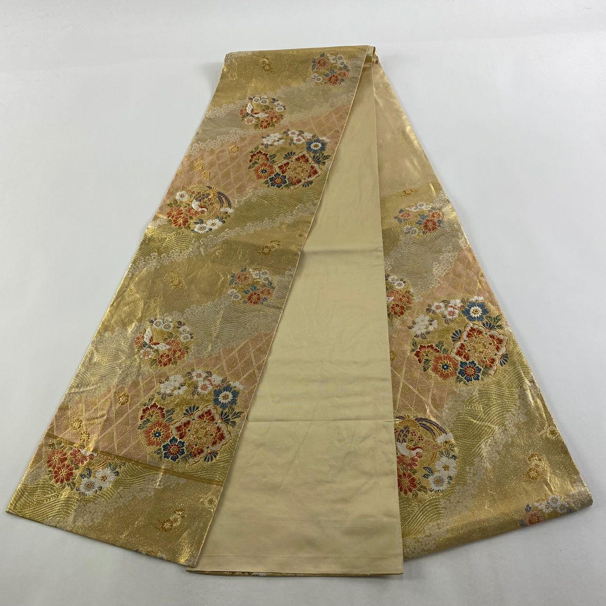 袋帶 秀品級 華紋 花丸文 金絲 金金箔 金色 大鼓圖案 純蠶絲