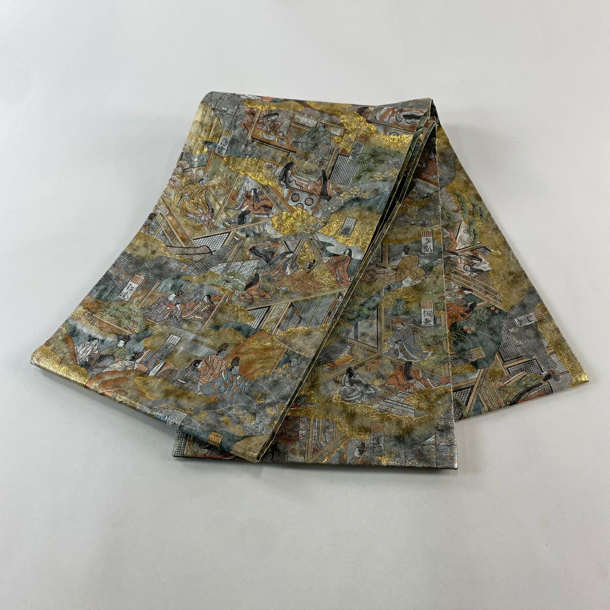 【美品】 袋帶 名品級 御所風景 雲文 金金箔 灰色 全通 純蠶絲