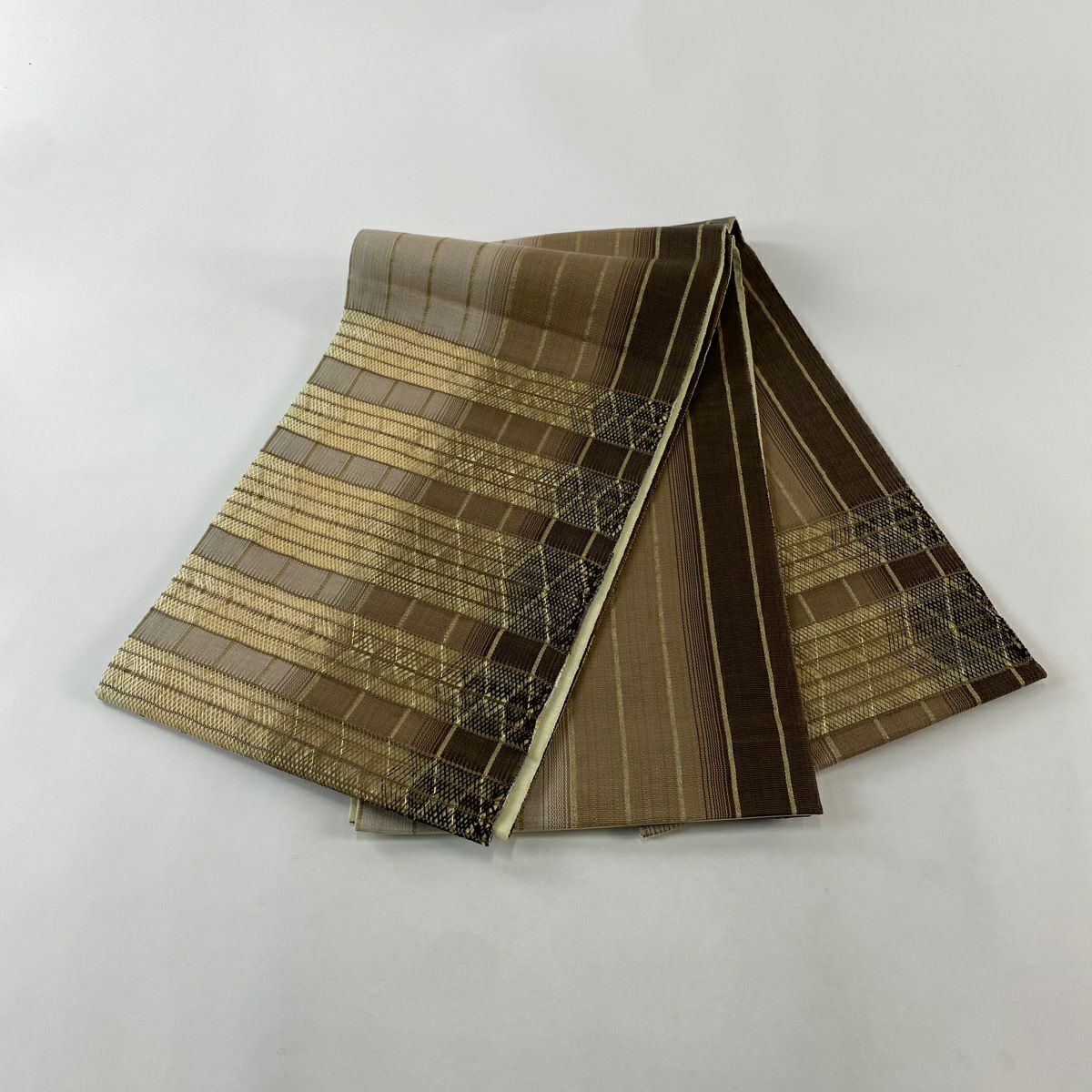 【美品】 袋帶 名品級 雙面 縞 幾何圖案 金絲 組織 淺茶 細鼓圖案 純蠶絲
