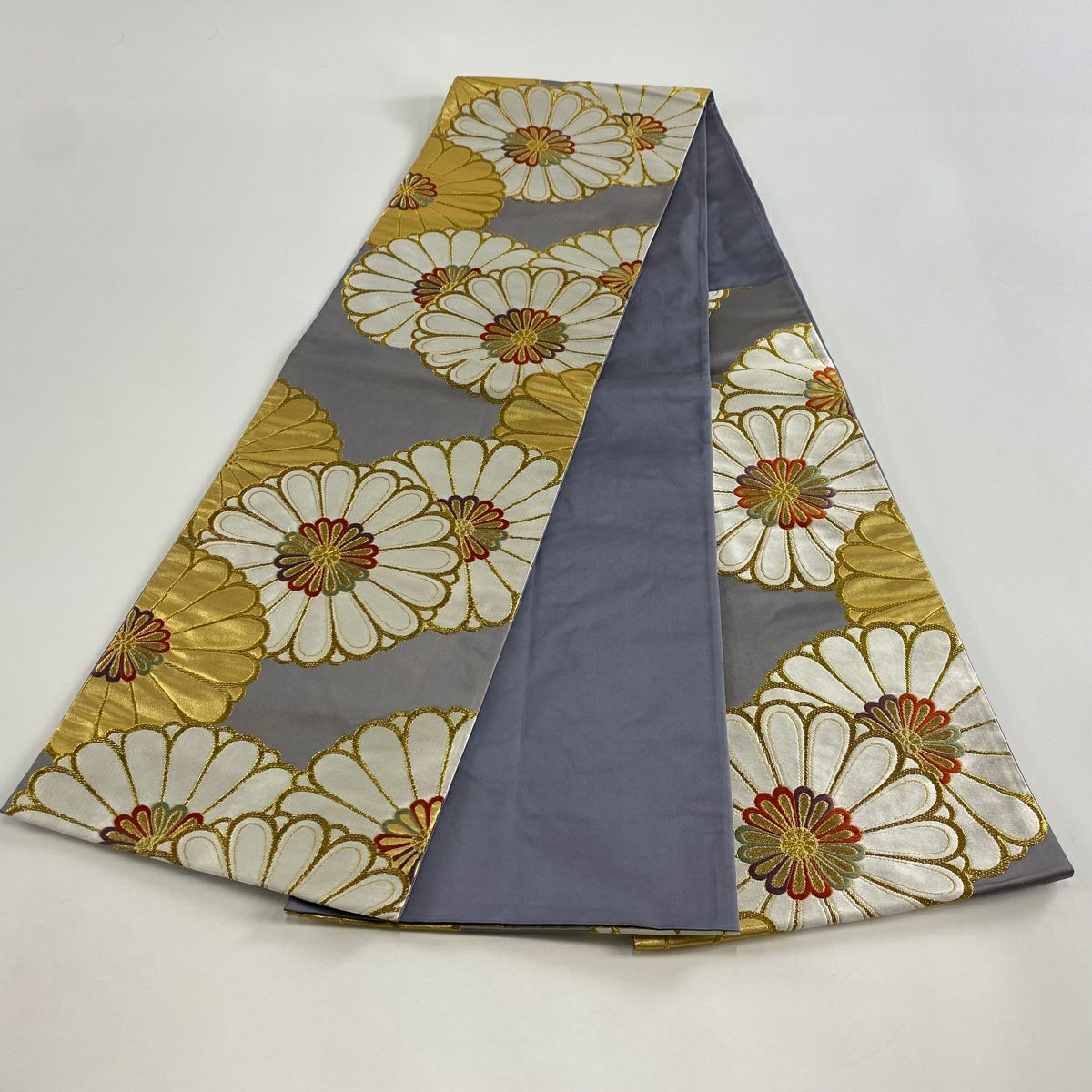 【美品】 袋帶 秀品級 菊花 金糸 金金箔 灰 深藍 六通 純蠶絲