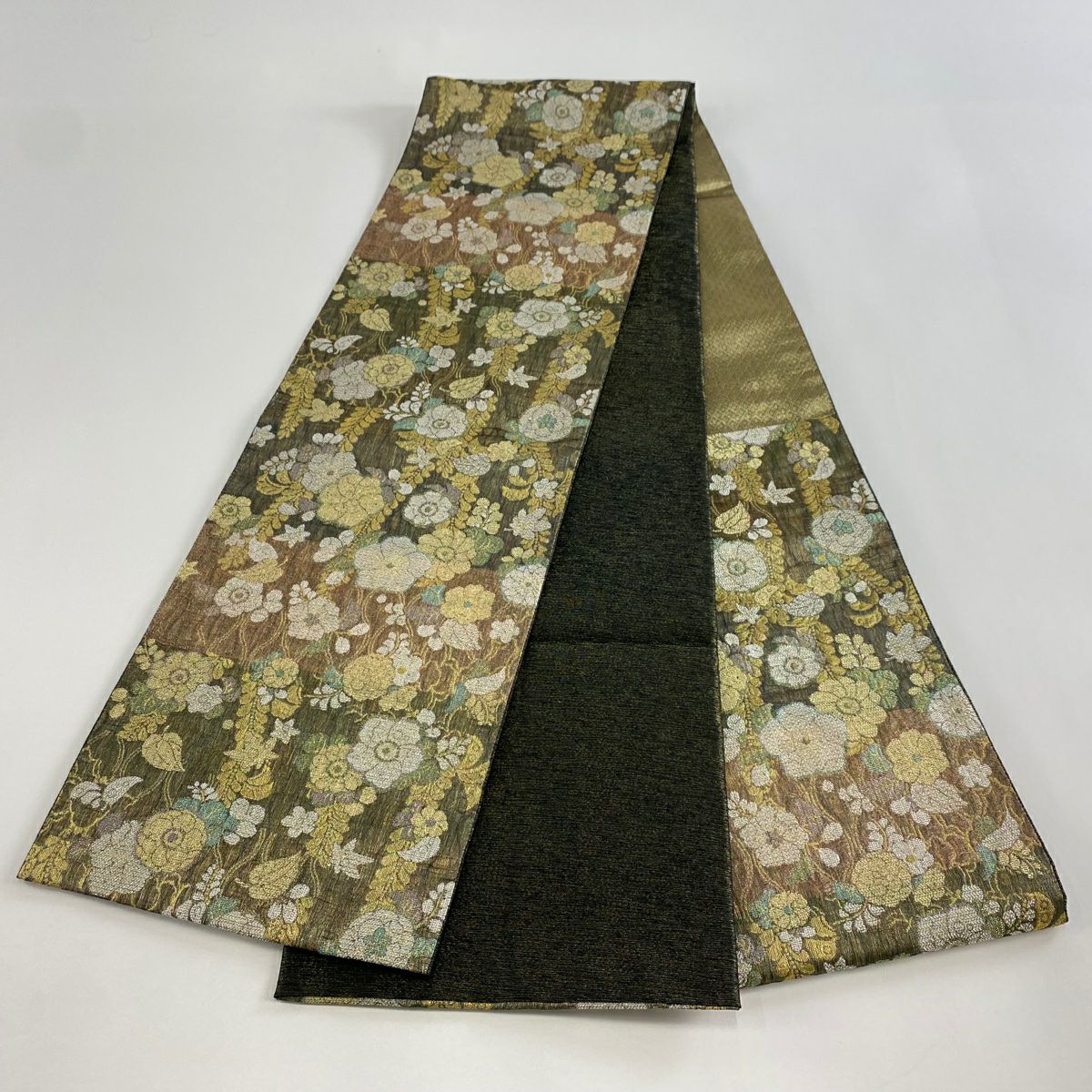 袋帶 優品級 草花紋 金絲 拉麵絲 黑灰 六通 純蠶絲