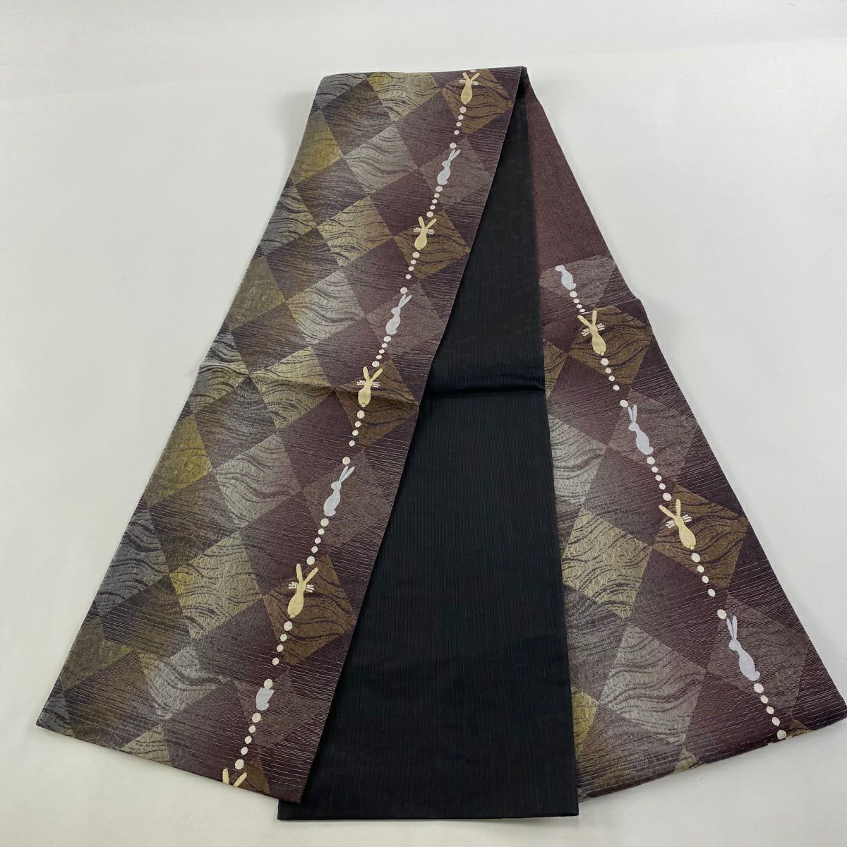 【美品】 袋帶 逸品級 兔子 市松樹 金銀絲 拉麵絲 灰紫 六通 純蠶絲
