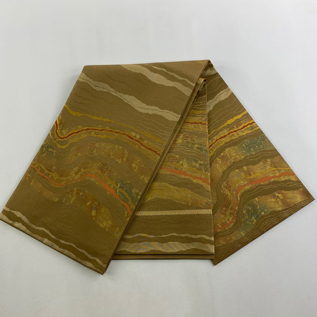 【美品】 袋帶 逸品級 北出與三郎 落款あり 本袋 暖流文 幾何學 金金箔 山吹茶 六通 純蠶絲