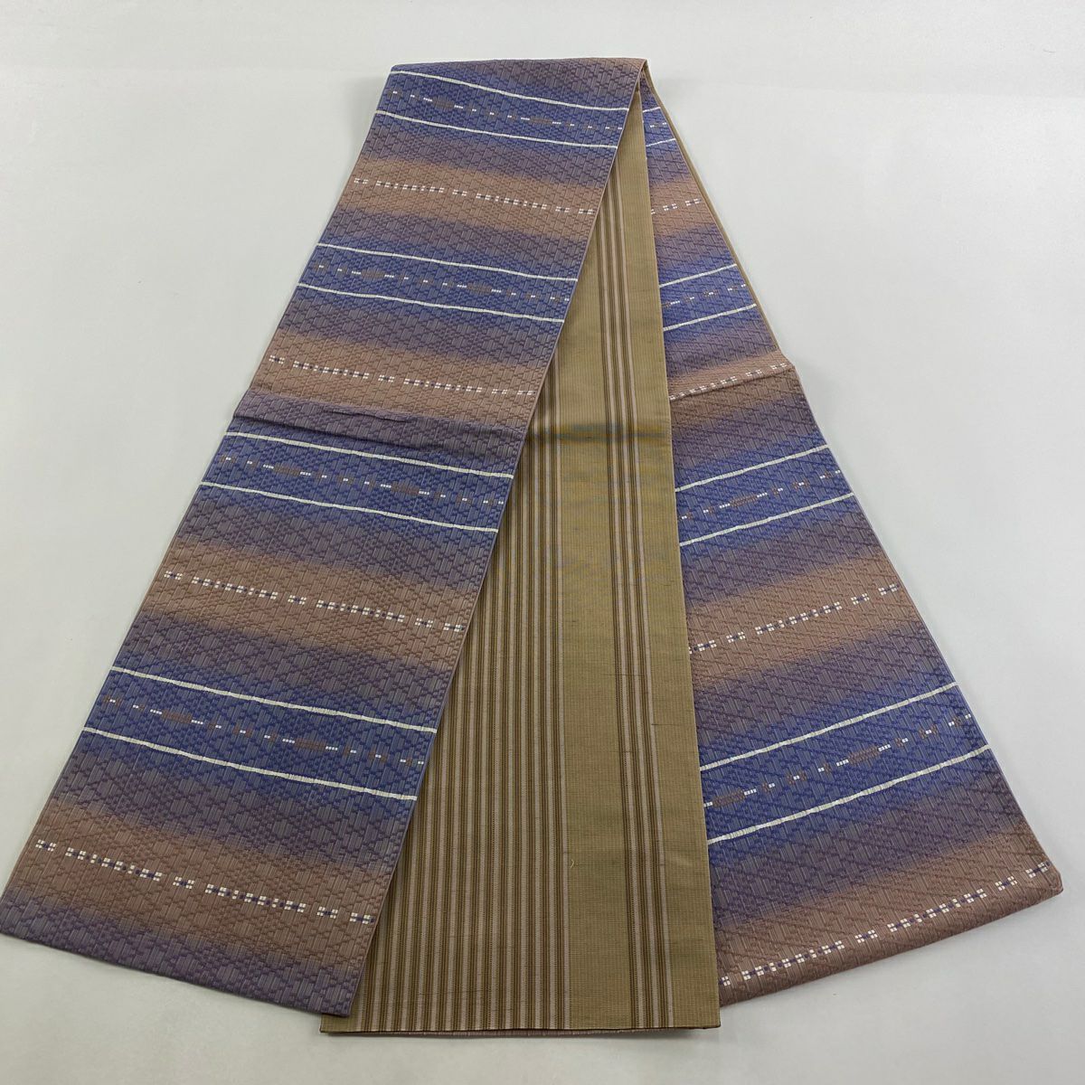 【美品】 袋帶 逸品級 縞紋 幾何圖案 紫 全通 純蠶絲