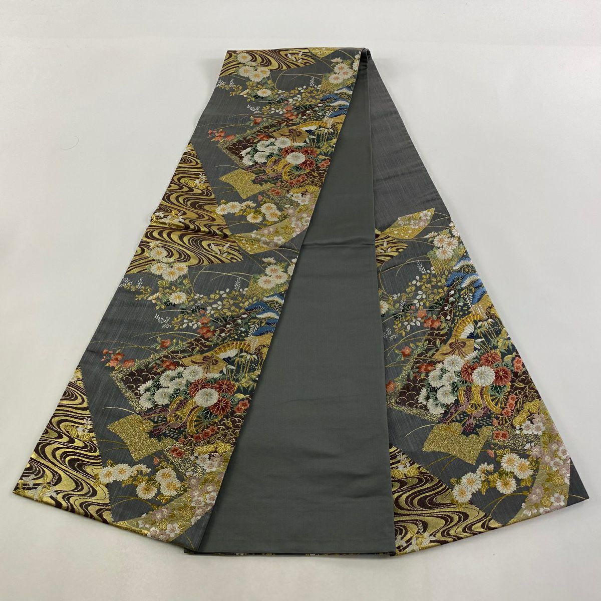 【美品】 袋帶 秀品級 花車 流水 金絲 金金箔 灰色 六通 純蠶絲