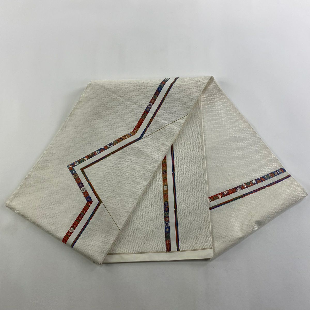 袋帶 秀品級 七寶 草唐草紋 金絲 刺繡 奶油色 大鼓圖案 純蠶絲