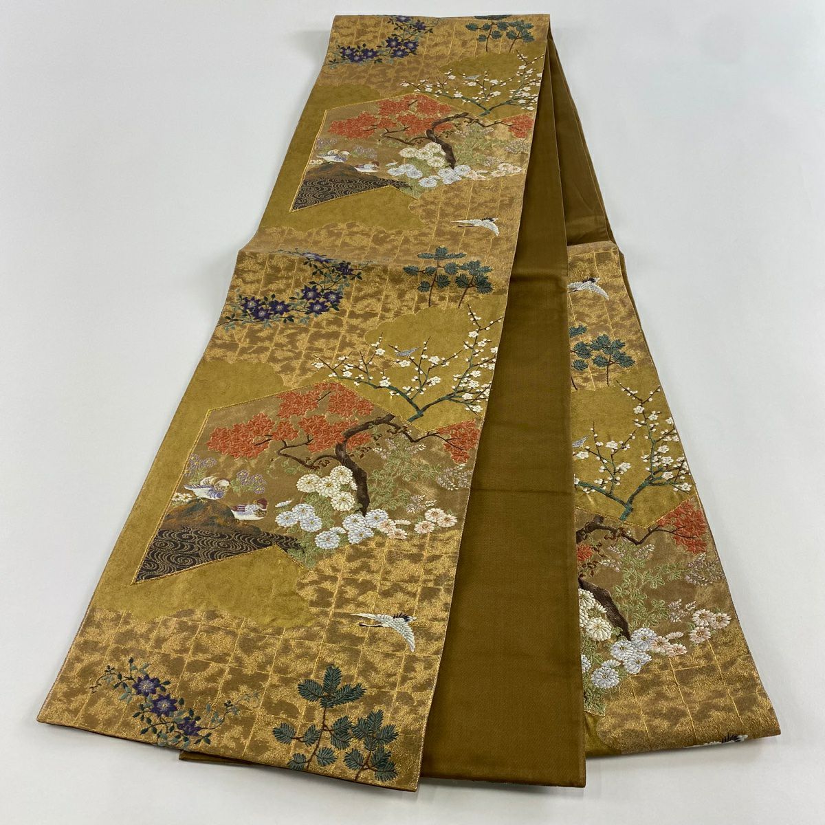 【美品】 袋帶 名品級 じゅらく 落款あり 樹木 鴛鴦 金絲 金金箔 金茶 六通 純蠶絲